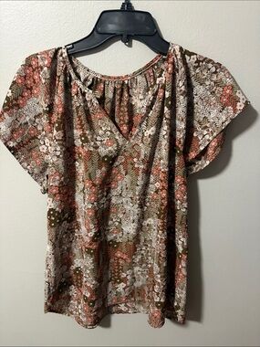 Women’s Floral V-Neck Short Sleeve Top - Brown & Pink